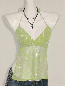 SHEIN ICON Women's Y2K Sexy Floral Lace Backless Camisole Lime Green Top Sequin Top