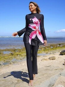 Swim Mulvari 女式夏季简约布基尼套装，修身显瘦，花卉印花，长袖和裤子，腰部褶饰，两件套泳衣 - 黑色 - 查看 3