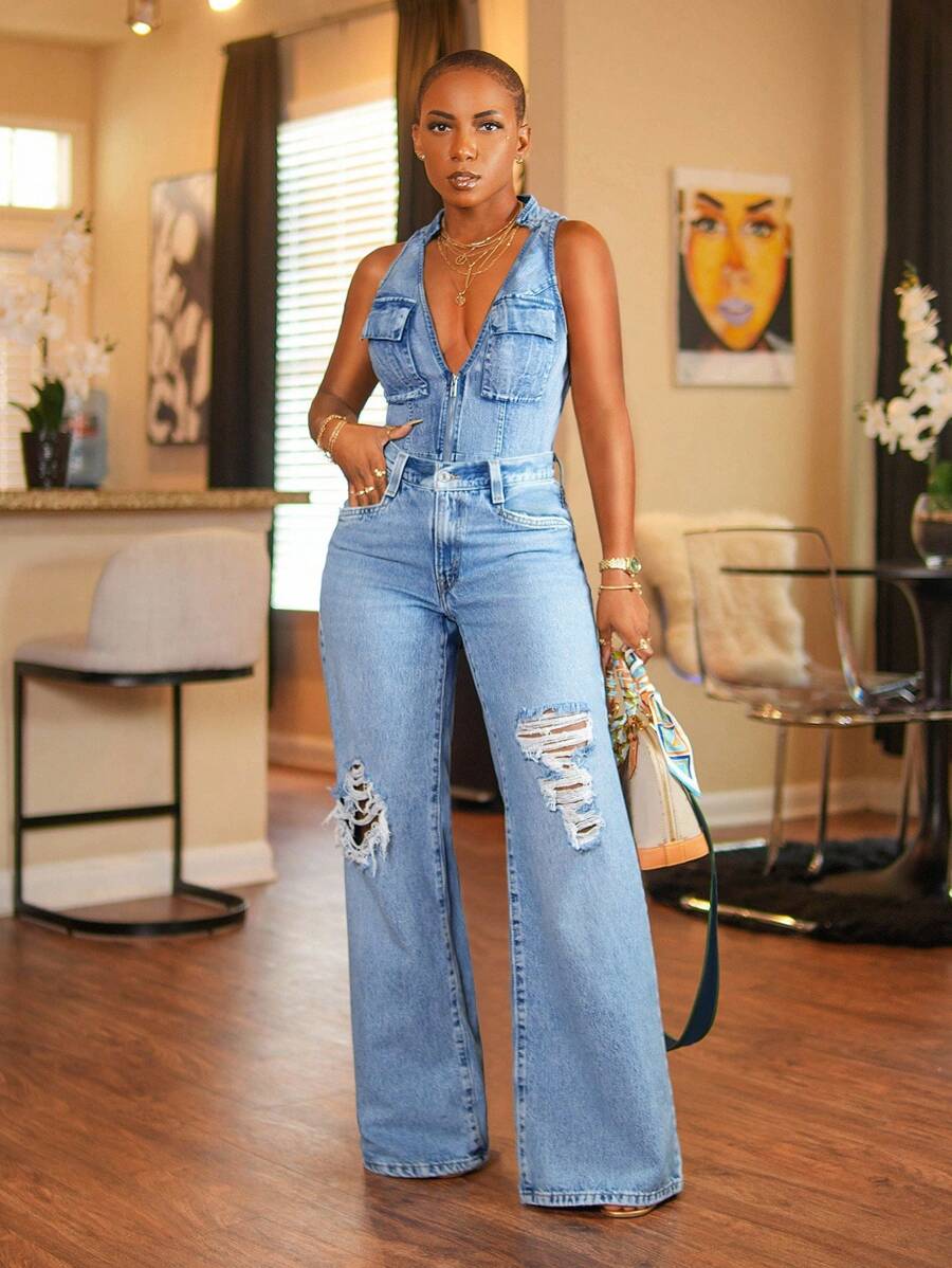 BamGleam Sexig denimjumpsuit med slitna ben och fickor för kvinnor, lämplig för utflykter och resor - Blå - Visa 1