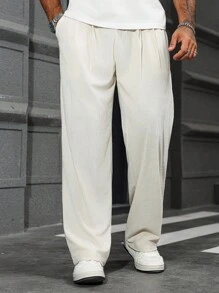 Manfinity Homme 男士畅销休闲裤，铆钉 INS 搭配不同面料，日常穿着，男友/丈夫礼物，周年纪念礼物，浅色直筒宽松长裤，秋季 - 杏色 - 查看 3