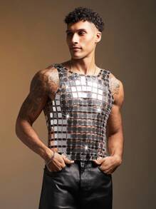 FeverCity Men's Silver Sequin Linked Fashionable Top, 2000s Style - Silver - View 5