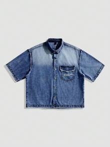 ROMWE MEN Street Life 男士宽松印花牛仔衬衫，短袖 - 中等水洗藍 - 查看 2