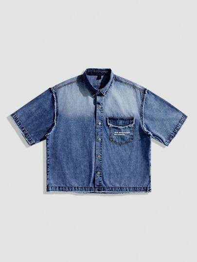 Street Life Men's Boxy Fit Printed Denim Shirt, Short Sleeve