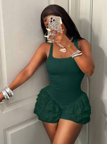 BamGleam 女式夏季休闲纯色荷叶边下摆无袖连体衣