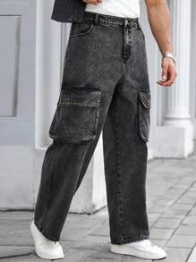 Manfinity Homme Quần Cargo Streetwear Nam có túi lớn và thiết kế đinh tán bằng đồng, vải denim đã giặt - màu đen - Xem 1