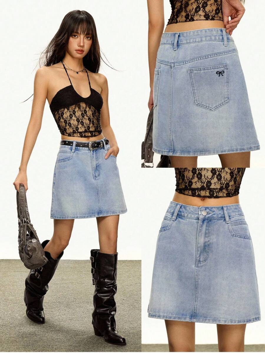 Rina Fox Casual Fashion Versatile Simple Button Women Denim Mini Skirt