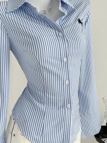 Elamini 1 pieza Camisa casual, diaria, universitaria y versátil de mujer de ajuste ceñido con rayas azules y bordado, de manga larga