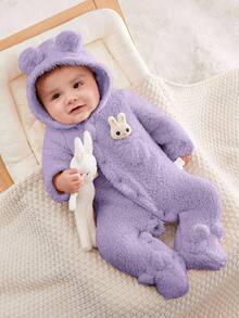 SHEIN Baju Terusan Bayi Perempuan Baru Lahir Berkerudung dan Berkaki Bahan Fleece untuk Musim Gugur dan Musim Dingin - Mauve Purple - View 5