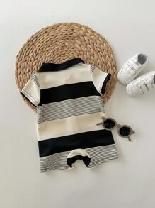 新生男婴夏季可爱针织条纹短袖连体衣，适合生日派对、晚会、表演、婚礼、满月庆祝、洗礼和 1 岁生日婴儿洗礼 - 彩色 - 查看 2