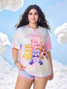 SHEIN X Care Bears Plusstorlek Dam Casual Söt T-shirt med Batikmönster, Söt och Nedsänkt Axel, Sommar, Plusstorlek - Multifärgad - Visa 5