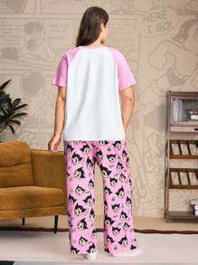 Astro Boy X SHEIN Große Größen Cartoon Figur Grafik Farbblock Kurzarm Top und Hose Pyjama Set Damen Pyjamas Rosa Pyjamas Charakter Pyjamas Herbstbekleidung - Pink - Übersicht 2