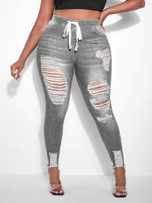 SHEIN Cottnline Plus Size Women Drawstring Waist Pocket Distressed Skinny Casual Versatile Jeans - Grey - View 5