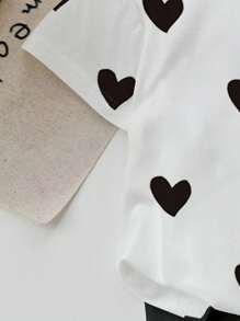 SHEIN Set da 2 pezzi casual per bambine composto da maglietta a girocollo a maniche corte con stampa a cuori dipinta a mano e leggings, adatto per primavera/estate
