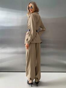 Aloruh Women's Elegant Khaki Summer Business Casual Office Suit Set,Long-Sleeved Jacket,High Waist Wide-Leg Pants,Simple Basic Commuting 2pce Autumn/Winter - Khaki - View 4