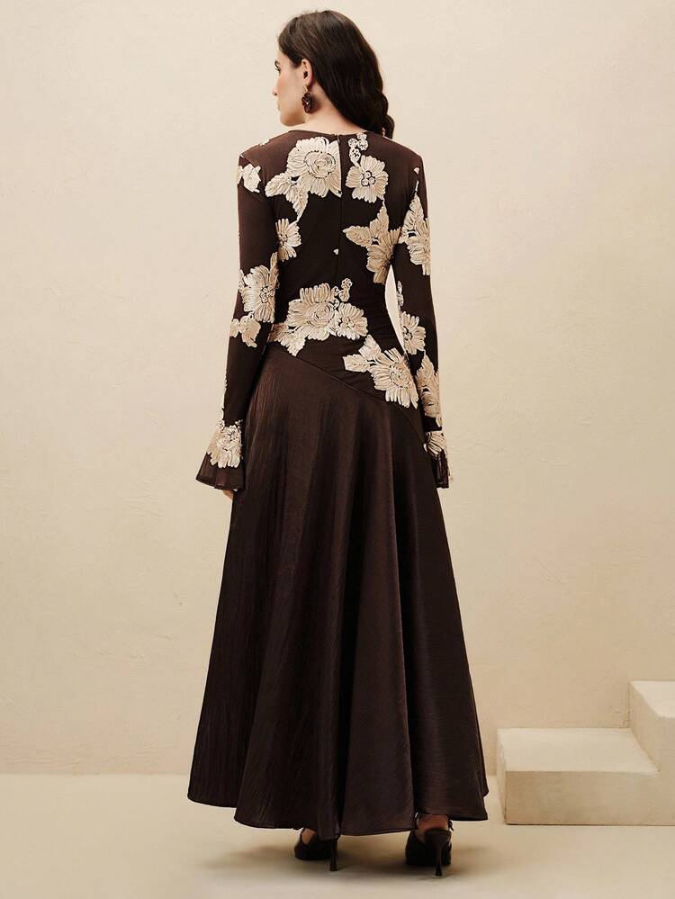 Elegant Vintage Style Fashionable 3D Embroidery Sexy Fitted Flare Sleeve Patchwork Dress For Women