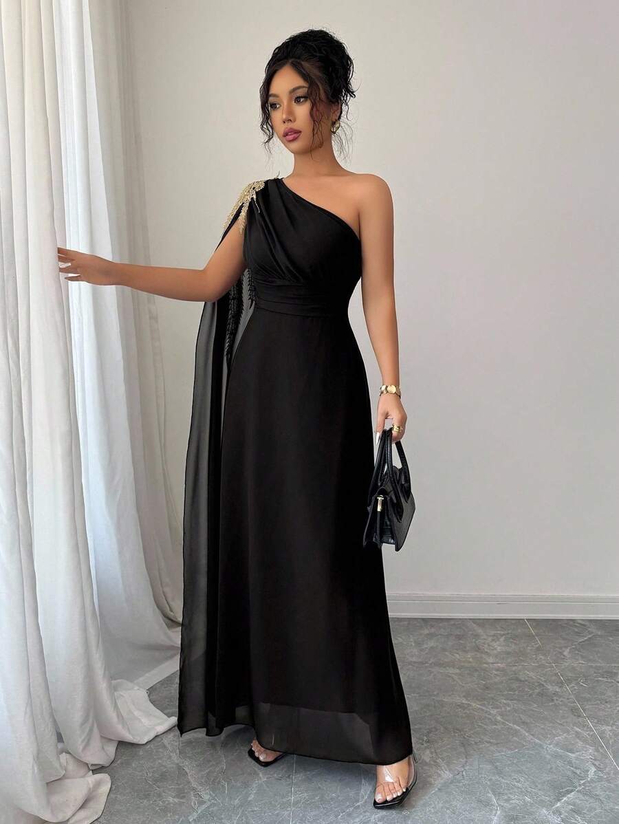 Rafferiza Rochie elegantă de lux pentru femei, cu un umăr, din plasă, cu aplicații brodate aurii, linie A - imagine 4