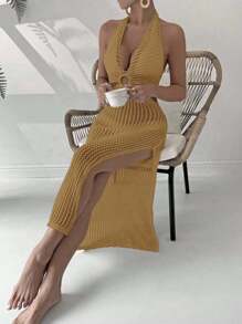 Swim Lushoire Women's Solid Color Ring Connected Waist Hollow Out Halter Neck Cover Up Dress, Vacation - Yellow - View 4