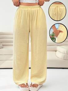 Solflare 浅黄色大码女士休闲长裤，时尚适合夏季 - 芥末黃 - 查看 1