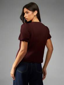 MISSGUIDED Blusa con borde festoneado y nudo delantero, manga corta abullonada, estilo victoriano, cuello cuadrado, uso casual o de noche, estilo bohemio para otoño e invierno - Café integral - Ver 2
