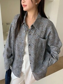 Dazy Plus Leopard Print Lapel Pocket Loose Denim Jacket, Long Sleeve, Plus Size, Autumn - Blue - View 1
