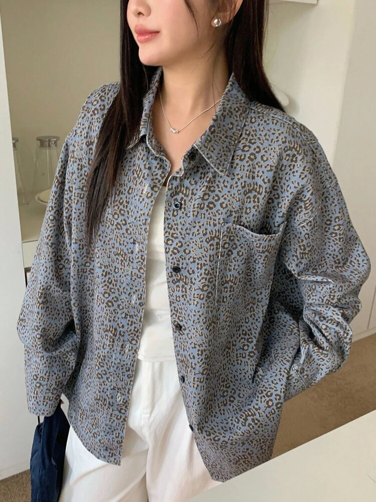 Dazy Plus Leopard Print Lapel Pocket Loose Denim Jacket, Long Sleeve, Plus Size, Autumn