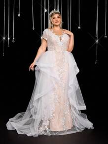 Glamrae Vestido de novia romántico de talla grande con elegante y lujoso bordado de lentejuelas, mangas de casquillo, bajo de cola de pez, costuras asimétricas con volantes y pieza flotante adecuado para vacaciones, luna de miel, eventos de boda y novia - Blanco - Ver 6