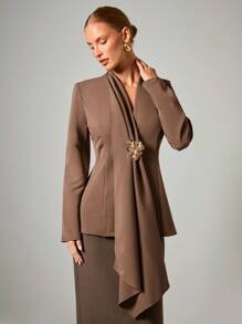 COSMINA 女士金属花朵装饰长袖优雅薄款西装外套，秋冬商务休闲女士 - 咖啡棕 - 查看 4