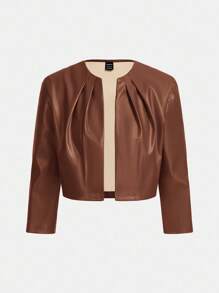 SHEIN Essnce 秋冬 PU 皮革街头休闲时尚百搭女士长袖夹克 - 棕色 - 查看 1