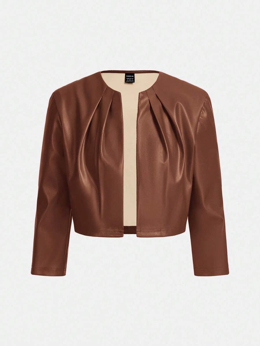 SHEIN Essnce 秋冬 PU 皮革街头休闲时尚百搭女士长袖夹克 - 棕色 - 查看 1