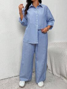 SHEIN Frenchy 大码条纹衬衫和加长裤两件套，开学季 - 藍色 - 查看 6