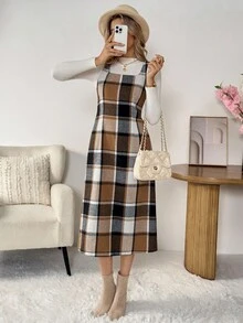 SHEIN LUNE 女士休闲格子无袖中长连衣裙，收腰设计，日常百搭，秋冬格子连衣裙，女士格子中长连衣裙，方格连衣裙，秋季连衣裙，大地色系连衣裙，外出穿搭，女士连衣裙，女士连衣裙，优雅休闲连衣裙，女士街头风秋季服装，女士秋季穿搭，秋季服装，女士冬季服装，冬季服装，女士休闲机场穿搭，女士外出穿搭，休闲 - 彩色 - 查看 1