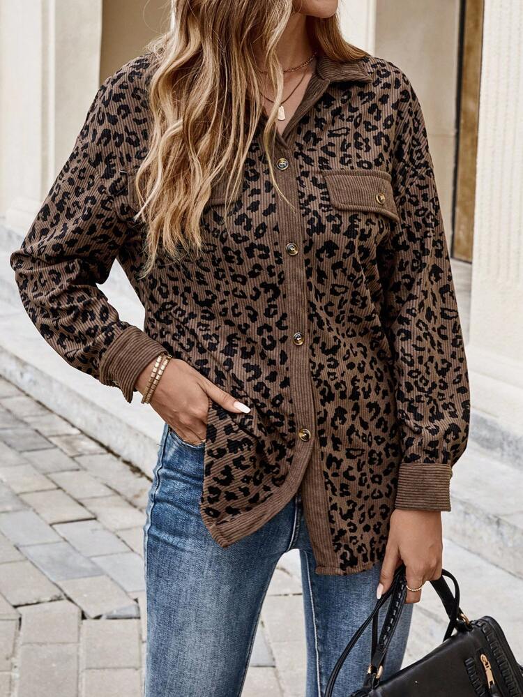 Plus Size Women Leopard Print Patchwork Coat, Autumn/Winter,Fall,Business Casual,Classy,For Stylish Everyday Wear,Fall,Chic