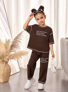 SHEIN Young Girl Knitted Letter Printed Loose Fit Round Neck Pullover T-Shirt And Knitted Leeging Set, Casual Everyday Wear, Great For Casual & Daily Wear & School Daily ,Suitable For Spring And Summer,Suitable For Girls Daily Wear - Brown - View 5