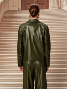 SHEIN Unity Modische, retro-lässige, doppelreihige PU-Lederjacke - Schwarz - Übersicht 2