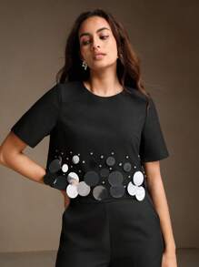 Anewsta Sequin Beaded Party Crop Top, Short Sleeve - Black - View 4