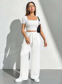 Pantalones de pierna ancha largos con cinturón y unicolor - Blanco - Ver 4