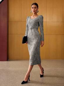 MOTF PREMIUM TWEED SPLIT HEM DRESS - Black and White - View 5