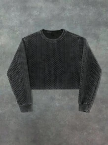 ROMWE MEN Casual 男士复古短款双面酸洗长袖T恤，2000年代风格 - 黑色 - 查看 3