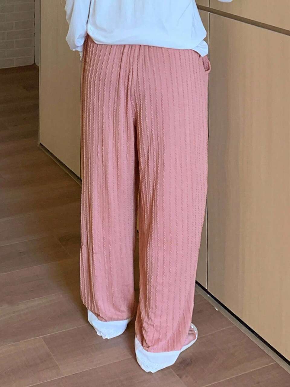 Dazy Plus Plus Size Women Elastic Waist Contrast Color Patchwork Straight Leg Sleepwear Bottoms, Fall