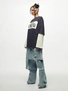 SUMWON WOMEN 双层 Texas Love 印花超大长袖 T 恤新颖图案 T 恤，搭配多层撞色袖子，冬季秋季休闲棉质上衣 - 寶藍色 - 查看 4