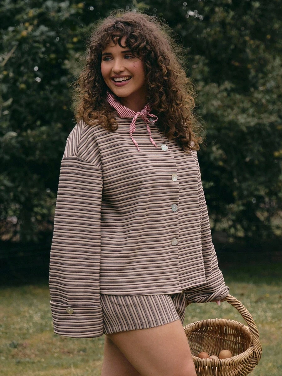 MUSERA 条纹纽扣长袖上衣，仅限可爱夏季假日优雅度假浪漫农舍 - 彩色 - 查看 1