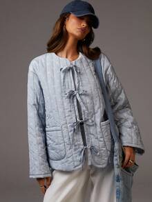 Athîral Women's Ditsy Floral Front Tie Long Sleeve Loose Winter Jacket ,Quilted Jacket Baby Blue Jacket ,Winter Women Outfits ,Daily,Casual Woman - Multicolor - View 1