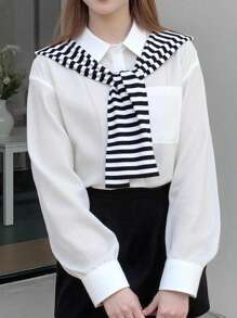 SHEIN Camisa suelta de manga larga de moda casual diaria con estampado de rayas y chal de 2 en 1 para adolescentes, adecuada para primavera, otoño e invierno, versión coreana, con cuello marinero, lazo y rayas en blanco y negro