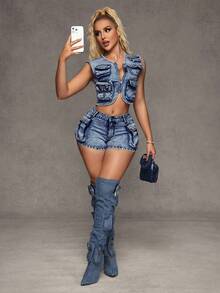 SHEIN BAE Damen Reißverschluss-Vorder Utility Tasche Lässig Jeans Weste Jacke