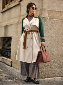 SHEIN LUNE Plus Size Solid Color Button Front Splice Long Sleeve Casual Trench Coat Fall Winter Cloth For Women Autumn - Multicolor - View 7