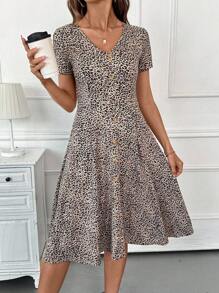 SHEIN Clasi Women's Fashionable Leopard Print Mid-Length Dress, Summer - Multicolor - View 1