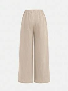 SHEIN Girlism Bộ 2 quần ống rộng rộng rãi, dệt họa tiết nơ cho bé gái tuổi teen, màu đen + kaki, phong cách thoải mái cho ngày lễ, mùa tựu trường - Màu xanh Cadet - Xem 4