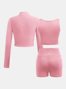 SHEIN Girlism Bộ 3 món áo thun dài tay cổ khóa kéo, áo vest và quần legging cho bé gái tuổi teen - Trang phục thể thao - Hồng - Xem 9
