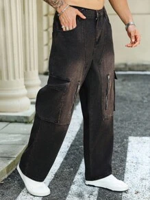 Manfinity Roughcore Men's Plus Size  American Streetwear Loose Fit Cargo Jeans With Stylish Design Black Cargo Jeans - Black - View 8