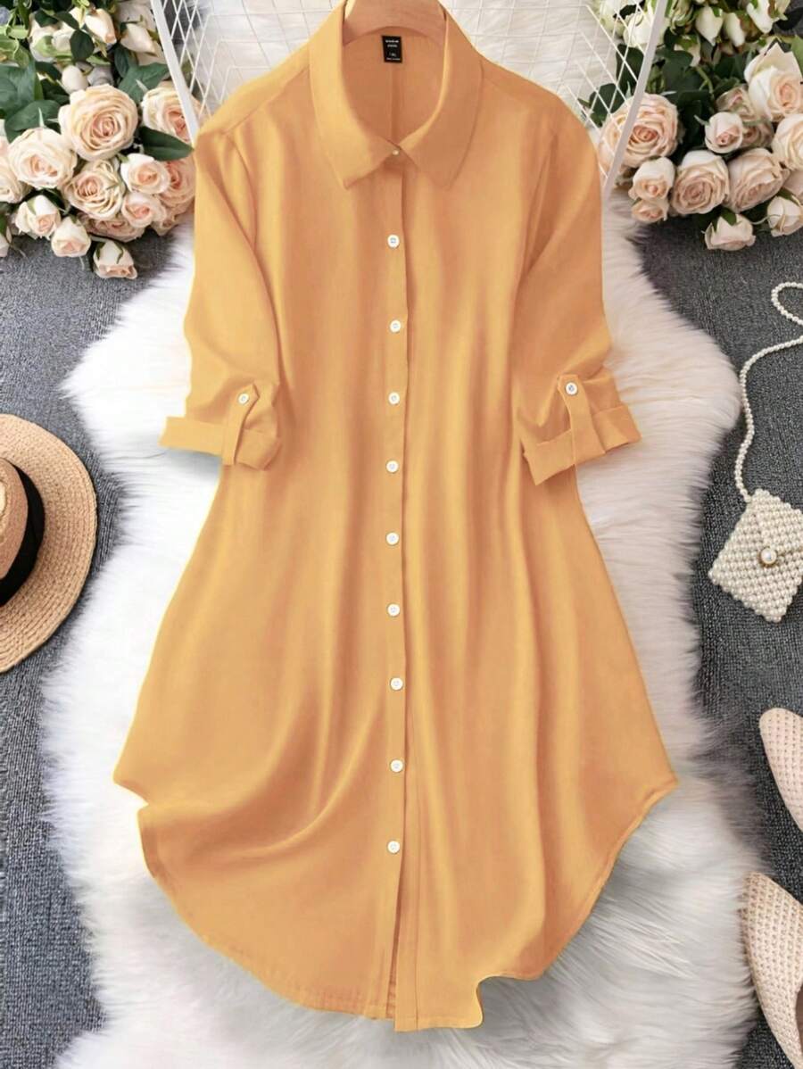 SHEIN LUNE 捲袖襯衫連身裙 - 黃色 - 查看 1